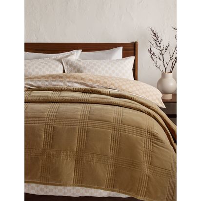 John Lewis Cotton Velvet Check Quilted Bedspread, Caramel Caramel | L220 x W220cm