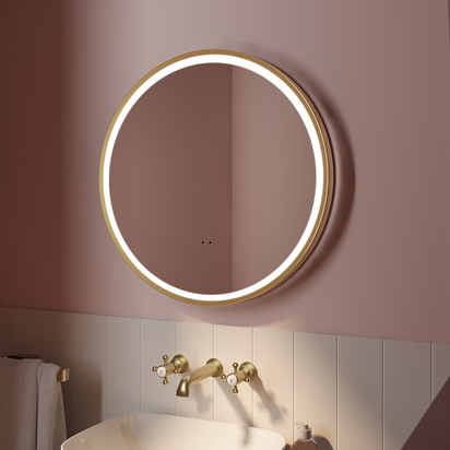 Isla LED Illuminated Round Brushed Brass Framed Mirror with Demister Pad & Colour Change LEDs - 600mm
