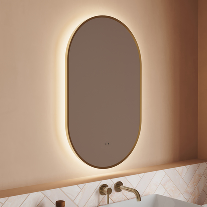 Billy LED Illuminated Oval Brushed Brass Framed Mirror with Demister Pad & Colour Change Lights - 500 x 800mm