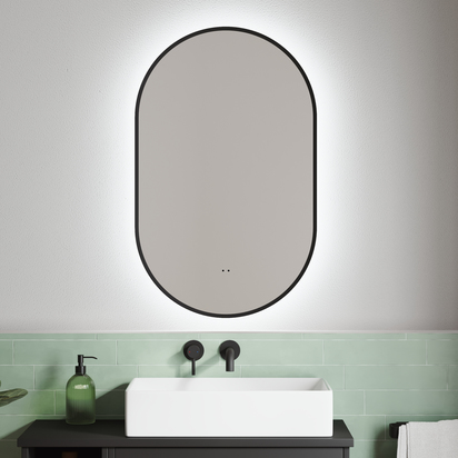 Billy LED Illuminated Oval Matt Black Framed Mirror with Demister Pad & Colour Change Lights - 500 x 800mm