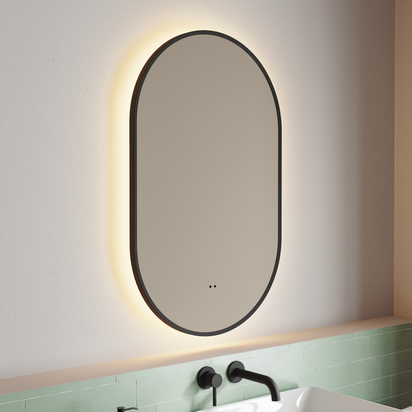 Billy LED Illuminated Oval Matt Black Framed Mirror with Demister Pad & Colour Change Lights - 500 x 800mm