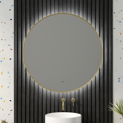 Marcos LED Illuminated Round Brushed Brass Framed Mirror with Demister Pad & Colour Change Lights - 800mm