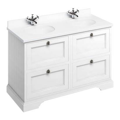 Burlington 130 Drawer Vanity Unit with Minerva Worktop & Double Basin - 1296mm - Minerva White Worktop - Matt White Unit
