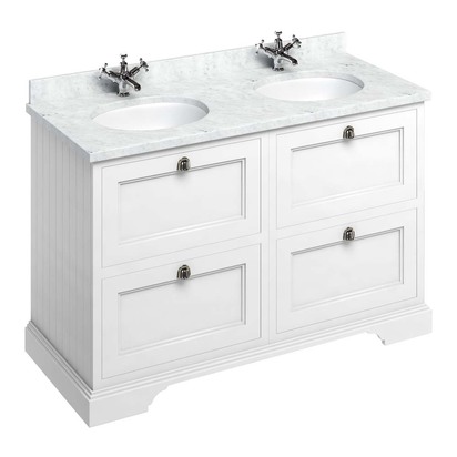 Burlington 130 Drawer Vanity Unit with Minerva Worktop & Double Basin - 1296mm - Carrara White Worktop - Matt White Unit