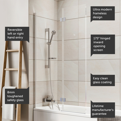 Harbour i8 Easy Clean 8mm Chrome Inward Hinged Bath Screen with Fixed Inline Panel - 1500 x 900mm