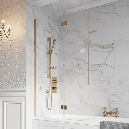 Harbour i8 Easy Clean 8mm Brushed Brass Inward Hinged Bath Screen with Fixed Inline Panel - 1500 x 900mm