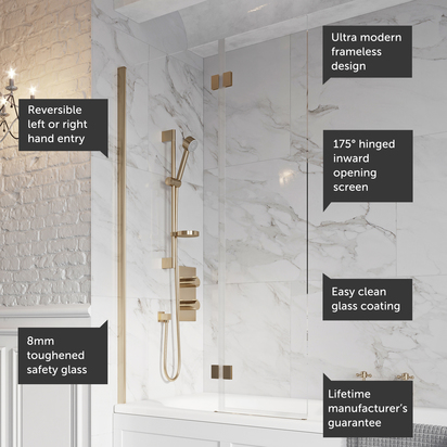 Harbour i8 Easy Clean 8mm Brushed Brass Inward Hinged Bath Screen with Fixed Inline Panel - 1500 x 900mm