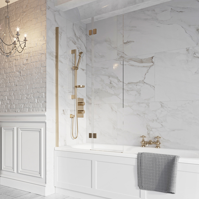 Harbour i8 Easy Clean 8mm Brushed Brass Inward Hinged Bath Screen with Fixed Inline Panel - 1500 x 900mm