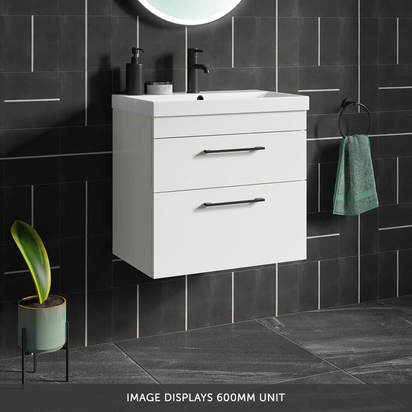 Emily 500mm Gloss White Wall Mounted 2 Drawer Vanity Unit, Thin-Edged Basin, Matt Black Handles & Overflow