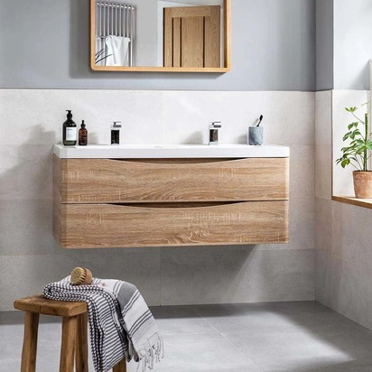 Maia 1200mm Wall Mounted Light Oak Vanity Unit & Composite Resin Double Basin