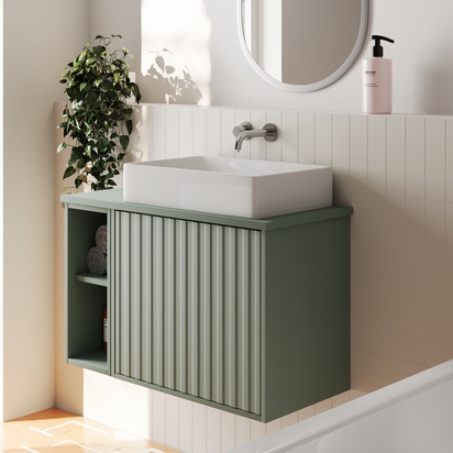 Billy 800mm Wall Hung Vanity Unit with Fluted Drawer Front & Countertop - Reed Green