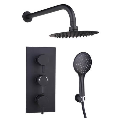 Drench Noir Matt Black Round Concealed Shower System with Fixed Head & Wall Mounted Shower Handset
