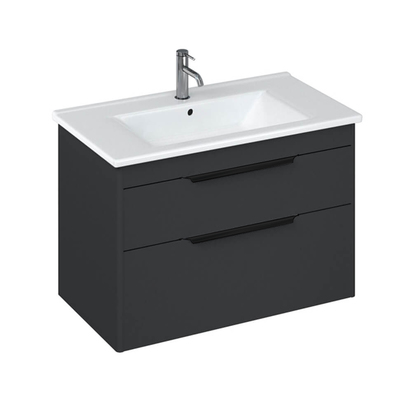 Britton Bathrooms Shoreditch 850mm Matt Grey Double Drawer Wall Mounted Vanity Unit with Matt Black Handles & Round Basin