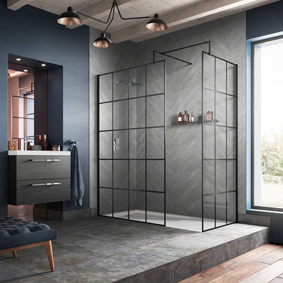 Vellamo City 8mm Easy Clean Matt Black Framed Walk In 2 Panel Pack - 760mm & 1200mm