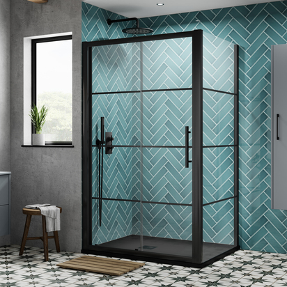 Vellamo City 8mm Framed Matt Black Easy Clean Sliding Shower Door - 1400 x 800mm
