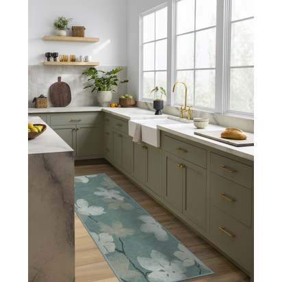 Magnolia Teal Flatwoven Rug - 185 Round cm - Rug + Pad System
