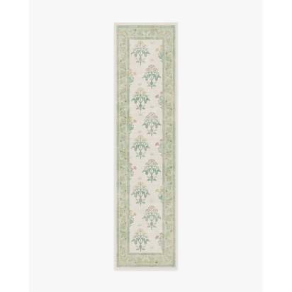 Meadow Sweet Ivory & Green Flatwoven Rug by Morris & Co. - 75 x 305 cm - Rug + Pad System