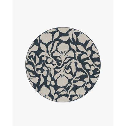 Flora Ink Blue & Ivory Flatwoven Rug by The Hiltons - 185 Round cm - Rug + Pad System