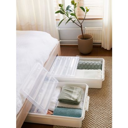 SmartStore Bedroller Storage Box with Lid and Wheels, 60L Clear | H18.5 x W59 x D79cm