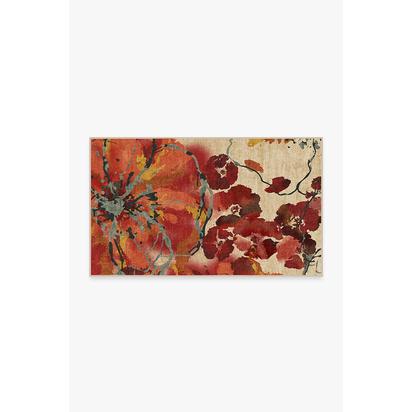 Watercolour Floral Coral Flatwoven Rug - 90 x 150 cm - Rug + Pad System