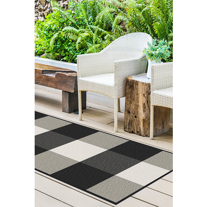 Gingham Plaid Black & White Outdoor Rug - 185 x 275 cm - Rug + Pad System