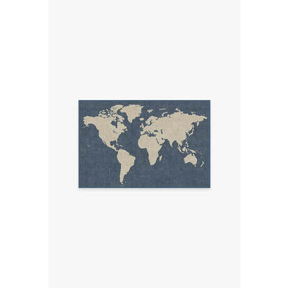 World Map Blue Flatwoven Rug - 60 x 90 cm - Rug + Pad System