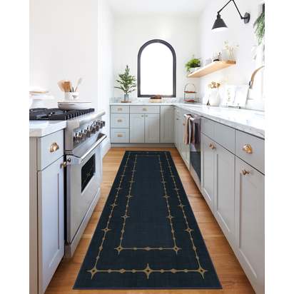 Sparkle Border Dark Navy Flatwoven Rug - 75 x 365 cm - Rug + Pad System