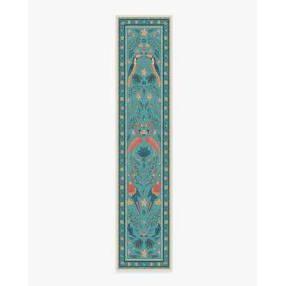 Birds Of A Feather Aqua Flatwoven Rug by Iris Apfel - 75 x 365 cm - Rug + Pad System