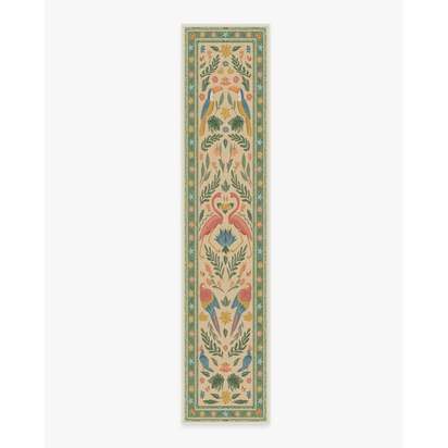 Birds Of A Feather Green & Peach Flatwoven Rug by Iris Apfel - 75 x 365 cm - Rug + Pad System