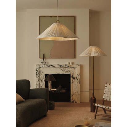 Lindi - aged brass and linen scalloped floor lamp