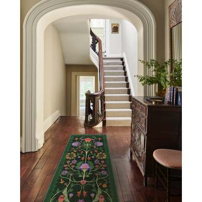 Protea Forest Green Flatwoven Rug by Iris Apfel - 75 x 215 cm - Rug + Pad System