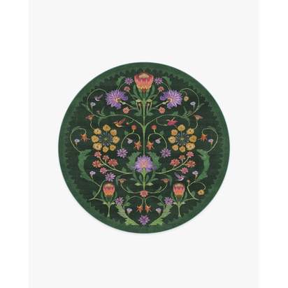 Protea Forest Green Flatwoven Rug by Iris Apfel - 185 Round cm - Rug + Pad System
