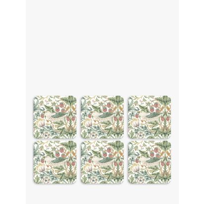 Morris & Co. Strawberry Thief Square Cork-Backed Coasters, Set of 6, Multi Multi | H0.5 x W0.5 x D10.5cm