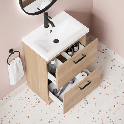 Erin 600mm Floorstanding 2 Drawer Bleached Oak Vanity Unit & Basin