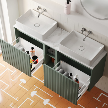 Billy 1400mm Wall Hung Vanity Unit with Fluted Drawer Front & Marble Sintered Stone Worktop - Reed Green