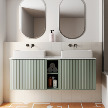 Billy 1400mm Wall Hung Vanity Unit with Fluted Drawer Front & Marble Sintered Stone Worktop - Reed Green