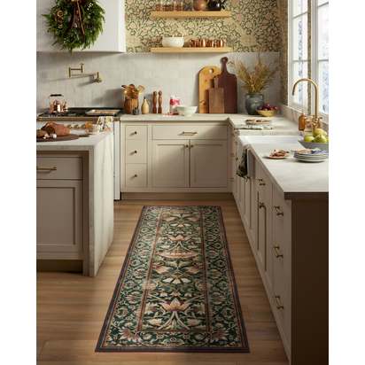 Lodden Soft Evergreen & Gold Flatwoven Rug by Morris & Co. - 75 x 305 cm - Rug + Pad System