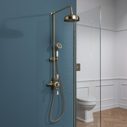 Butler & Rose Caledonia Cross Exposed Dual Outlet Rigid Riser Thermostatic Shower Set - Brushed Brass