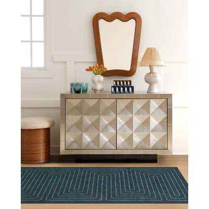 Labyrinth Navy & Teal Flatwoven Rug by Jonathan Adler - 185 Round cm - Rug + Pad System