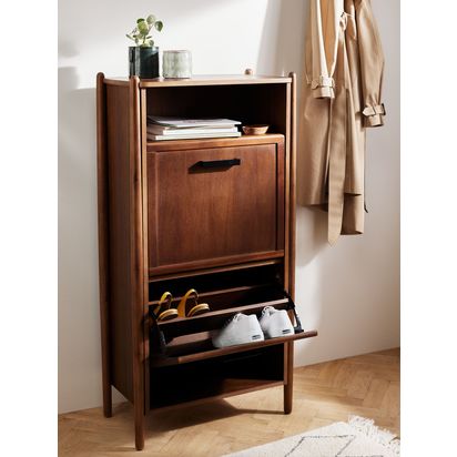 John Lewis Mid Century Shoe Cabinet, 2 Tier, Natural Honey Natural Honey | H122.5, W62, D36cm