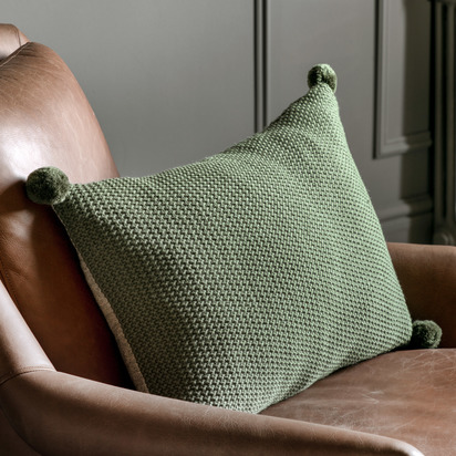 Moss Stitched PomPom Cushion Cover Olive 400x600mm