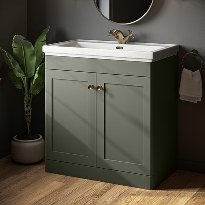 Butler & Rose Ophelia Satin Green 800mm Floorstanding 2 Door Vanity Unit & 1 Tap Hole Classic Fire Clay Basin