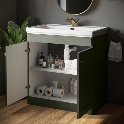Butler & Rose Ophelia Satin Green 800mm Floorstanding 2 Door Vanity Unit & 1 Tap Hole Classic Fire Clay Basin