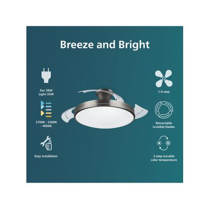 Philips Atlas LED Ceiling Fan Light, Nickel Metallic | H48.50 x W48.50 x D42cm