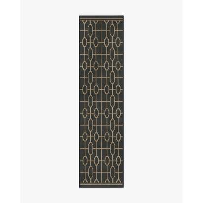 Diana Trellis Black & Gold Flatwoven Rug by The Hiltons - 75 x 305 cm - Rug + Pad System