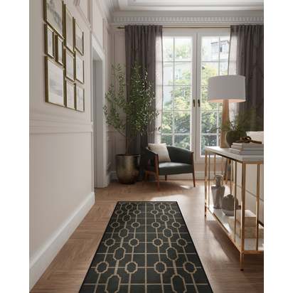 Diana Trellis Black & Gold Flatwoven Rug by The Hiltons - 185 x 275 cm - Rug + Pad System
