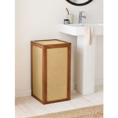 John Lewis Poly Rattan and Bamboo Laundry Basket, Cherry Wood Cherry Wood/Rattan | H68 x W35.20 x D35.20cm
