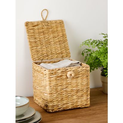 John Lewis Bulrush Lidded Storage Basket, Small Natural | H22 x W22 x D22cm