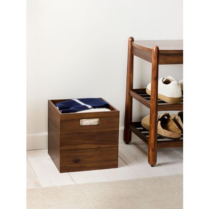 John Lewis Mid-Century Timber Storage Box, Medium, Brown Natural | H27 x W27 x D27cm