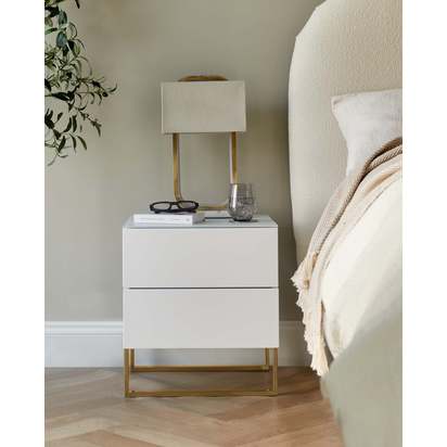 Benton White 2 Drawer Bedside Table With Brushed Brass Legs | Frosted Glass Top | Soft-Close Drawers | Built-In Cable Management | Danetti